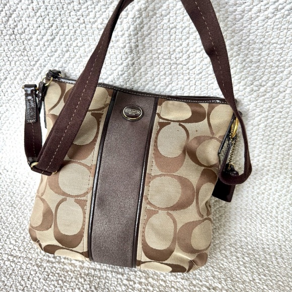 Coach Brown and Tan “Big  Monogram Rectangle Shoulder Crossbody HandBag Purse - Picture 1 of 16